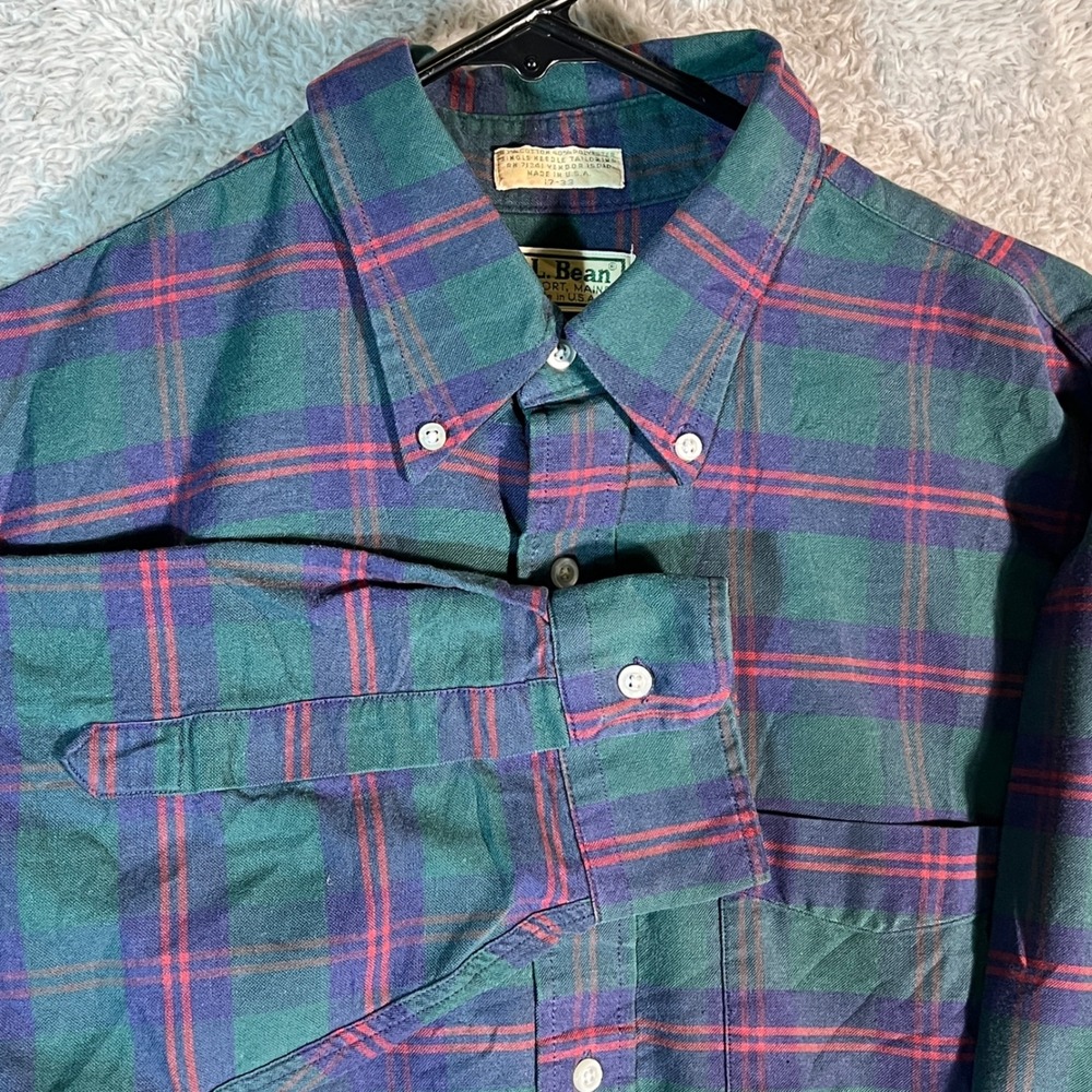 Vintage LL Bean Plaid Button Down Shirt Mens 17-33 Green Blue Red Made in USA
